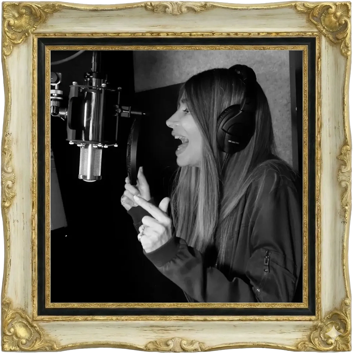 Julia singing in the vocal booth