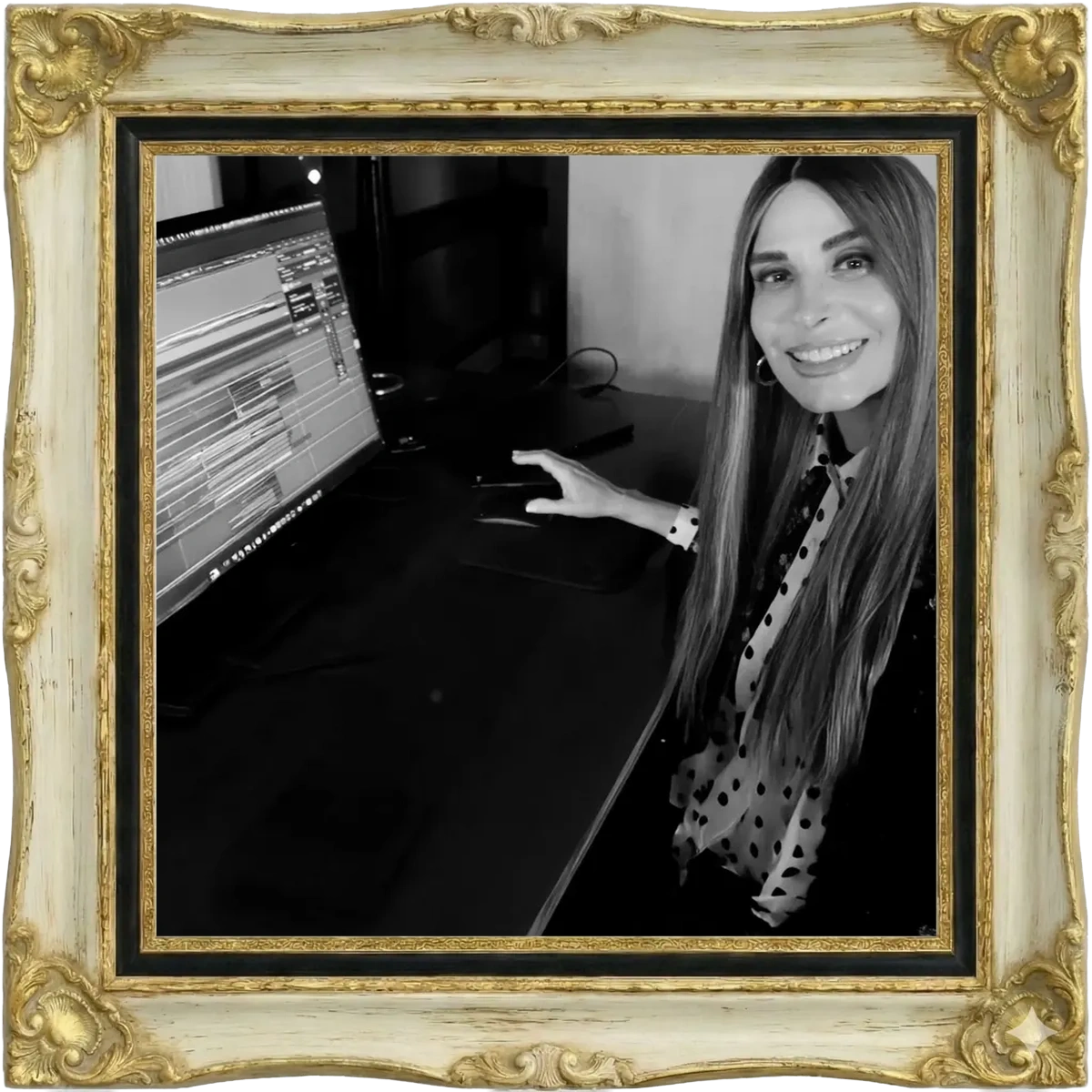 Julia at the computer in black and white