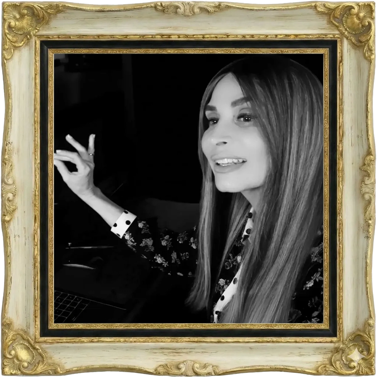 Julia conducting in black and white