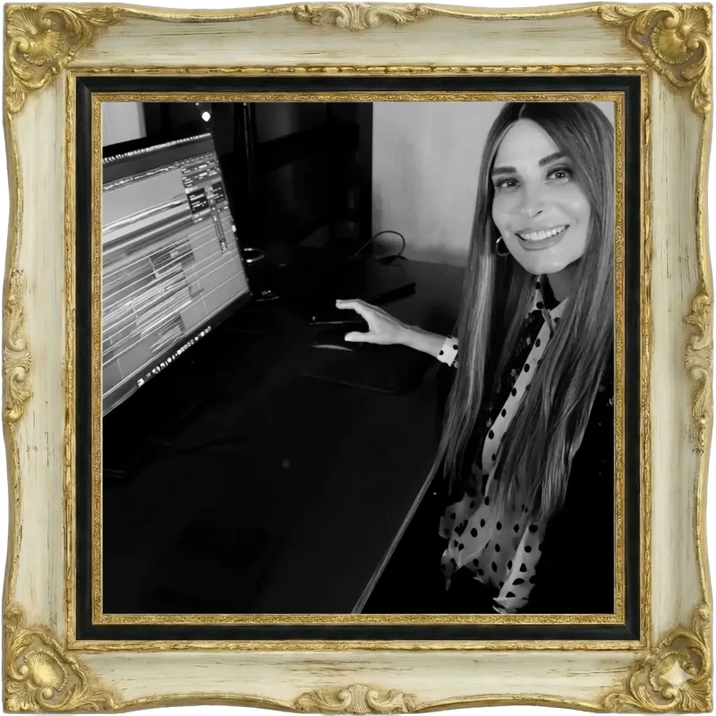 Julia at the computer in black and white