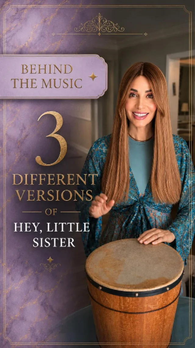 Julia Blum with a hand drum, behind the music of her single Hey, Little Sister